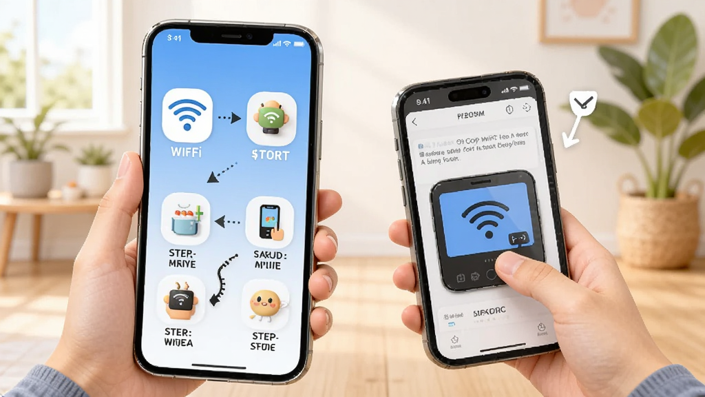 格行使用指南教程配图,手机连接WiFi与设备互动场景,背景明亮,步骤图标清晰,风格卡通,画质干净