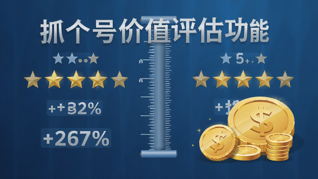 展示抓个号价值评估功能,主体为数字标尺与金币图标,背景是商务蓝色渐变,布局左右对称,排版正式,风格专业,细节包括评级星星与百分比数值,画质清晰无多余元素。