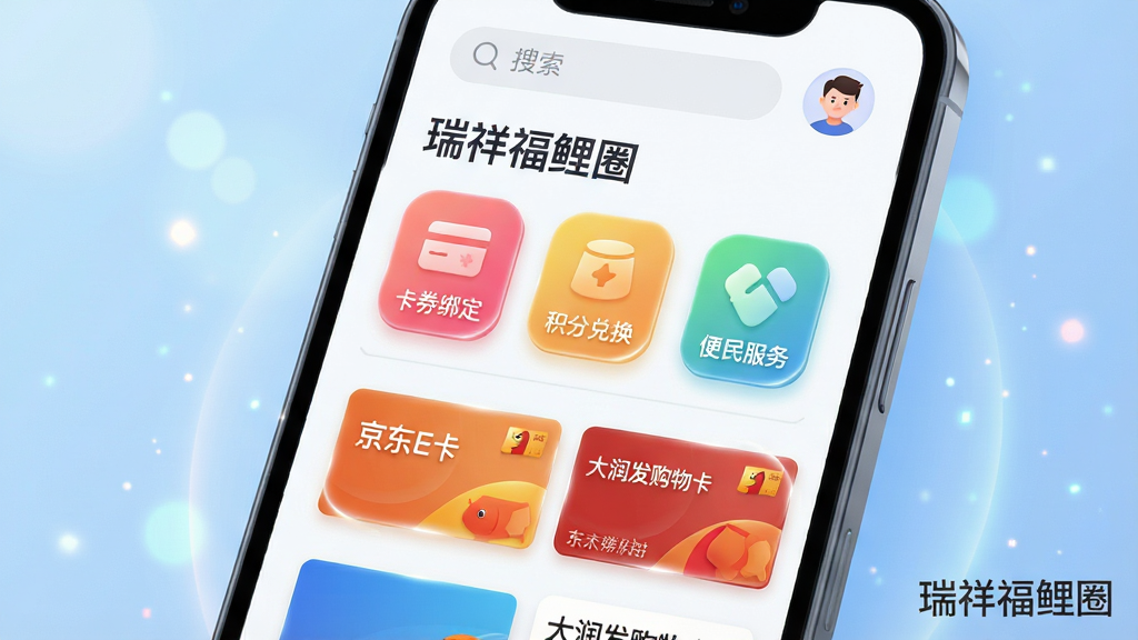 画面主体为一部智能手机屏幕特写,屏幕中清晰显示“瑞祥福鲤圈”APP主界面,界面顶部有搜索栏和用户头像,中部排列着“卡券绑定”“积分兑换”“便民服务”三个彩色圆角图标,下方列表展示“京东E卡”“大润发购物卡”等卡片信息。布局采用居中构图,手机略微倾斜,背景为柔和的浅蓝色渐变,带有抽象的光斑和粒子效果。整体风格为现代扁平化结合轻微3D质感,细节上卡片边缘有高光,文字使用深灰色,画质高清干净,无多余元素,画面右下角带有“瑞祥福鲤圈”字样水印。