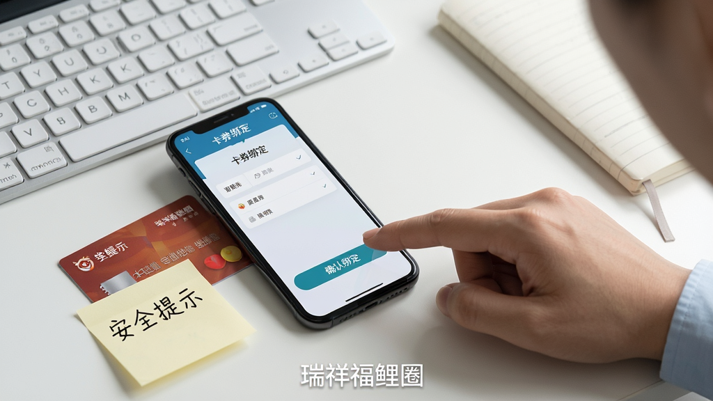 画面主体为一位用户正在使用手机操作“瑞祥福鲤圈”APP,手机屏幕显示“卡券绑定”界面,手指正在点击“确认绑定”按钮。手机旁边放置着一张购物卡和一张写有“安全提示”的便签纸。布局采用侧拍视角,背景为简洁的工作桌面,有键盘和笔记本。风格为写实摄影,光线柔和,细节上手机屏幕文字清晰,画质干净,无多余元素,画面底部有“瑞祥福鲤圈”字样。