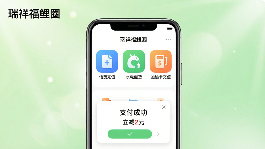画面主体为一部智能手机,屏幕显示“瑞祥福鲤圈”APP的便民服务页面,页面顶部有“话费充值”“水电缴费”“加油卡充值”三个大图标,每个图标下方有简短文字说明。手机下方有一个模拟的支付成功提示弹窗,显示“支付成功”和“立减2元”字样。布局为手机居中,背景为浅绿色渐变,带有柔和的光线效果。风格为清新简约,细节上图标采用圆角矩形设计,颜色鲜艳,画质干净,无多余元素,画面左上角有“瑞祥福鲤圈”字样。