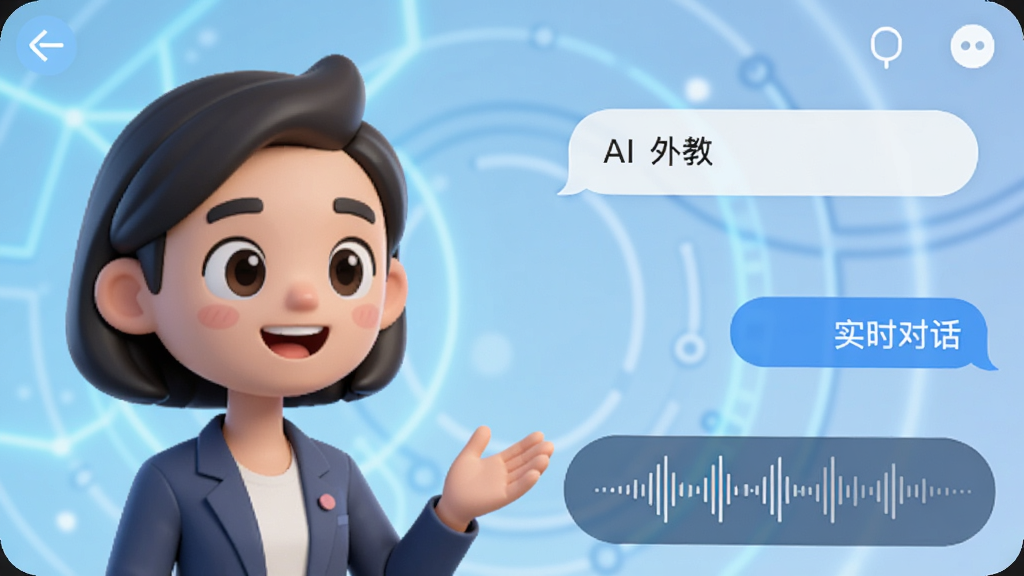 展示Gusto开口说App内的AI外教对话界面,画面左侧是卡通风格的AI外教形象,正微笑着倾听,右侧是用户对话框,下方有语音波形图,背景为浅蓝色科技感光效,界面布局清晰,突出“AI外教”和“实时对话”主题,画质清晰,无多余元素