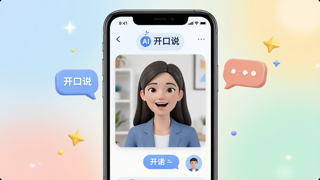 一张展示Gusto开口说APP在智能手机上运行的宣传主视觉图,画面中央是一部大屏手机,屏幕内显示AI虚拟外教与用户进行视频对话的界面,界面风格清新活泼,带有“开口说”字样,背景是柔和渐变色,搭配对话气泡和星星点缀,整体构图简洁明快,突出AI智能陪练和轻松开口学英语的感觉,高清画质,干净无多余元素