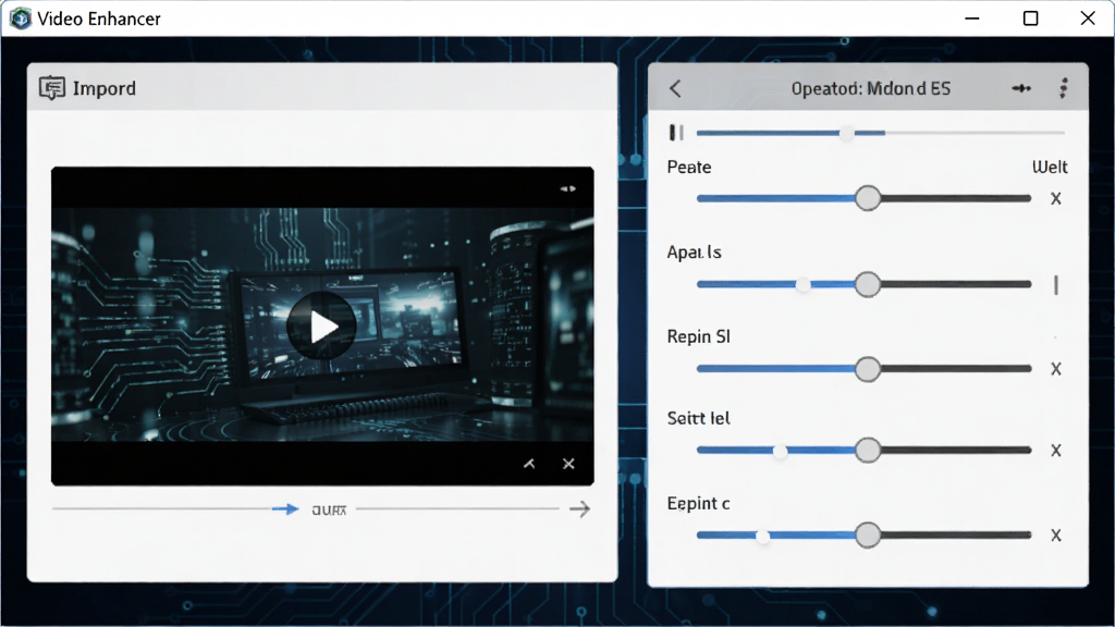 Video Enhancer软件主界面预览图,展示简洁的操作面板,左侧为视频导入区域,右侧为效果调节滑块,背景为深色科技感风格,高清画质,干净整洁