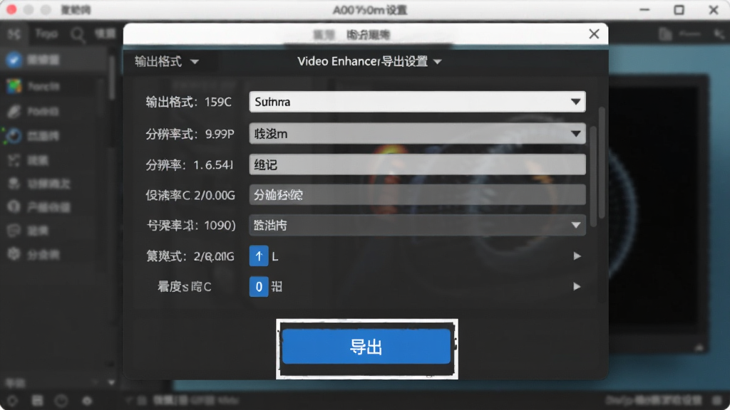 Video Enhancer导出设置界面,展示输出格式、分辨率选择,背景为软件界面,清晰标注“导出”按钮,画质干净