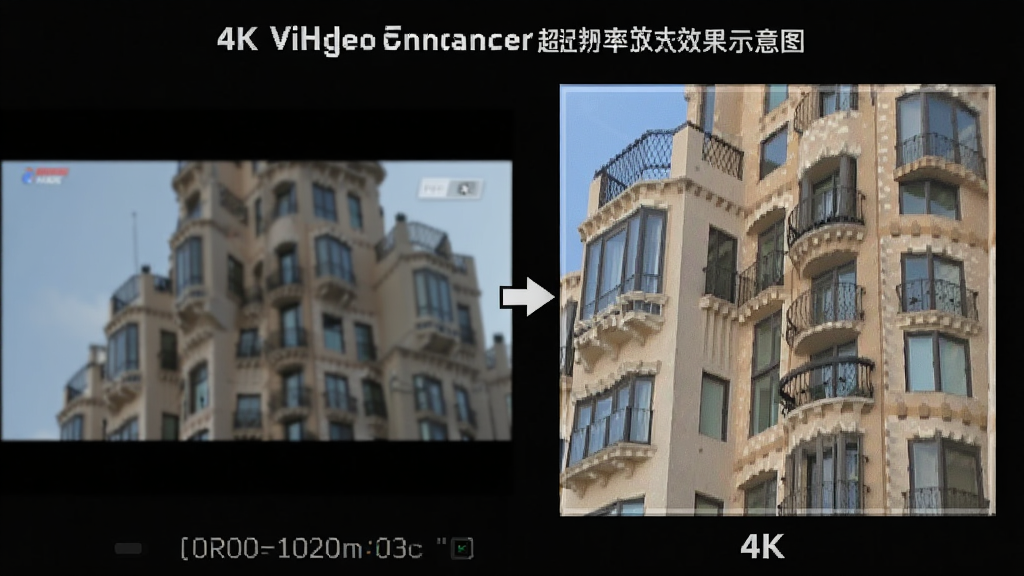 Video Enhancer超分辨率放大效果示意图,展示一个低分辨率视频帧被放大至4K后的细节对比,高楼大厦的窗户纹理清晰可辨,色彩饱满,画质细腻