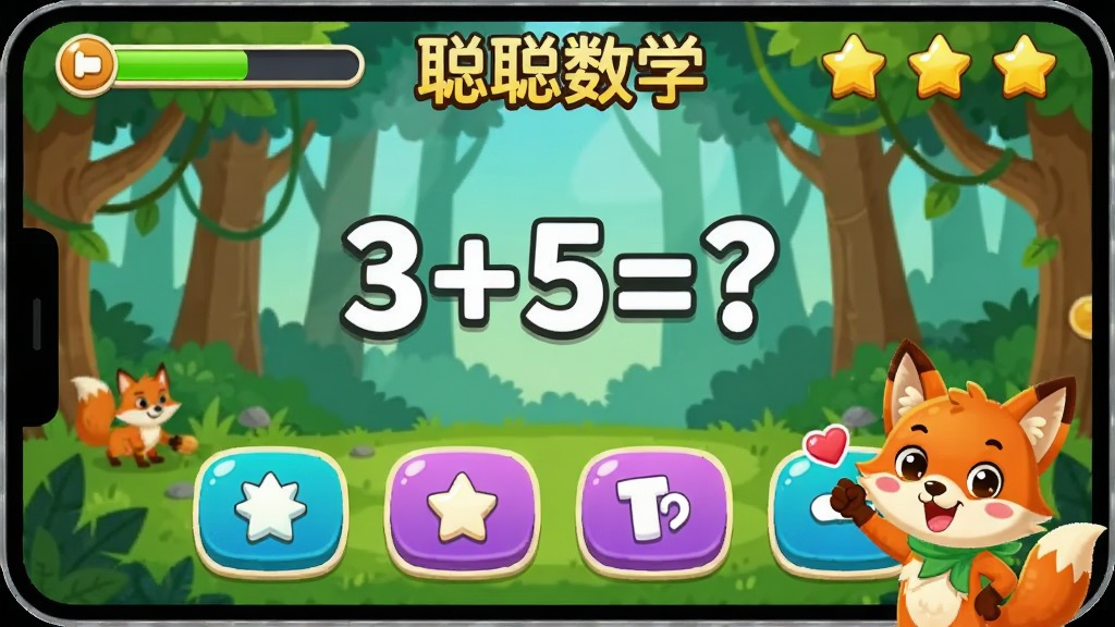 画面主体为“聪聪数学”闯关游戏界面,屏幕上显示一道口算题“3+5=?”,下方有四个选项按钮,背景为森林冒险场景。吉祥物小狐狸站在画面右下角加油。布局为横屏游戏界面,UI按钮大而醒目。风格卡通活泼,细节包含进度条、星星奖励图标,画质清晰鲜艳,无多余元素。