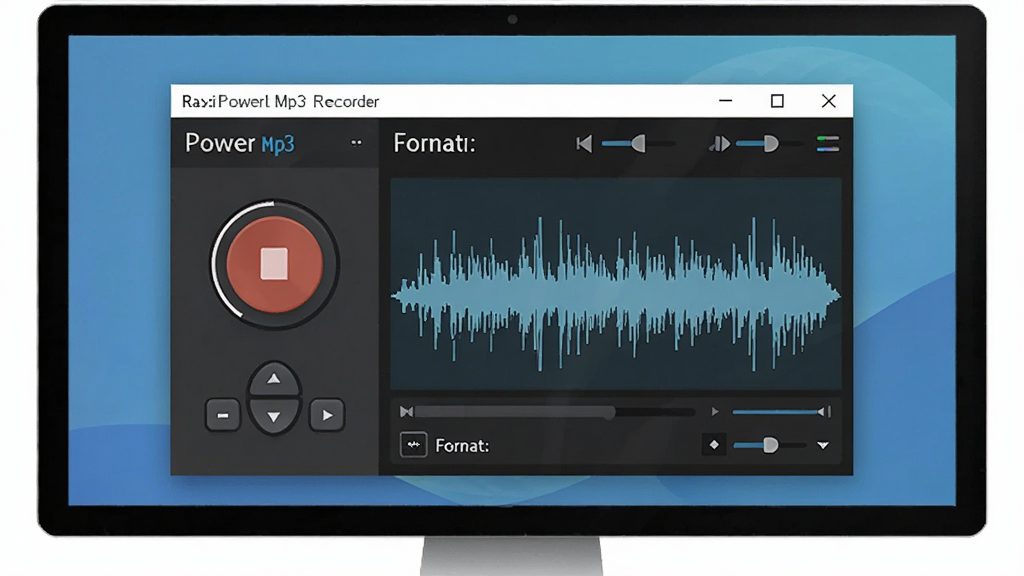 ����ΪPower Mp3 Recorder�������������ڵ�����Ļǰ�ĳ���������Ϊ������������¼������ͼ���У��Ű�����������ִ���ƽ����ϸ��չʾ¼����ť���ʽѡ����ʸ���ɾ����޶���Ԫ��