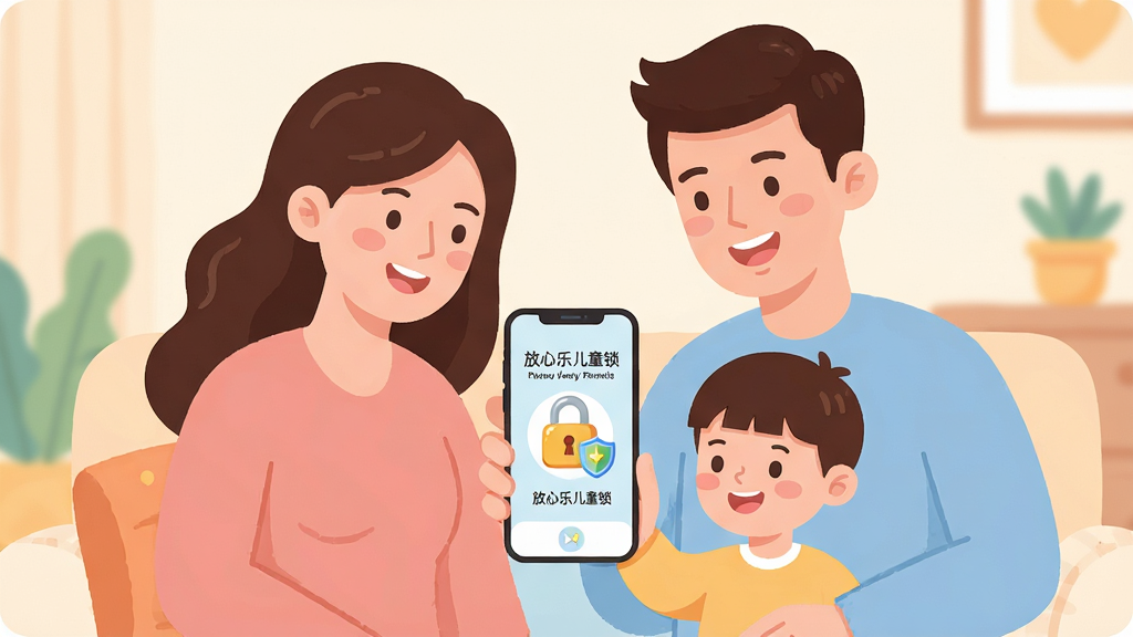 一张温馨明亮的家庭场景图片,画面中父母微笑着将手机递给小朋友,手机屏幕上显示“放心乐儿童锁”的应用界面,界面风格清新可爱,有卡通锁头与盾牌图标。主体为父母与孩子,布局采用中心对称,排版简洁,风格为扁平化矢量插画,细节包括柔和的浅色背景、圆润的UI元素,画质干净高清,无多余元素。