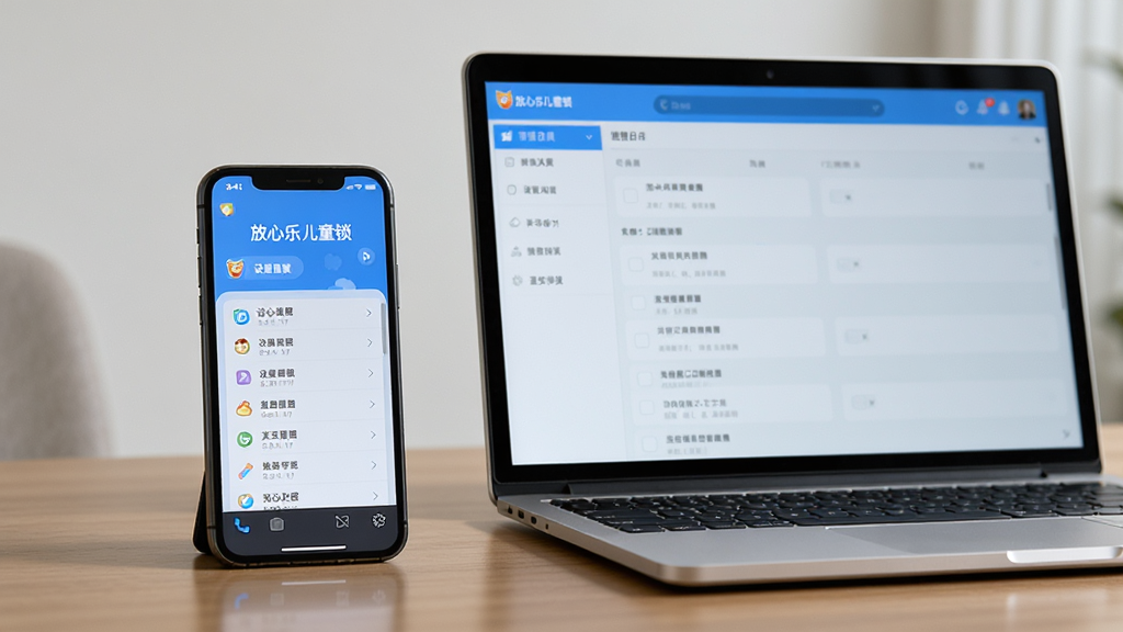 一部智能手机和一个笔记本电脑并排放在桌上,屏幕上都亮着“放心乐儿童锁”的界面,手机显示的是设备列表,电脑显示的是管控日志。主体为两台设备,布局为并排摆放,风格为写实摄影,细节包括屏幕内容清晰可见,画质细腻,背景简洁,无多余元素。