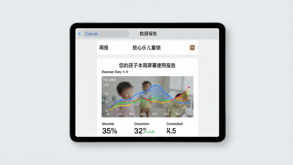 一张数据报告风格的图片,画面中央是一台平板电脑,屏幕上展示“放心乐儿童锁”的周报邮件截图,标题为“您的孩子本周屏幕使用报告”,下方有彩色曲线图与各项数据。主体为平板电脑,布局为居中展示,风格为商务简报风格,细节包括清晰的图表与文字,画质干净,背景为浅灰色,无多余元素。