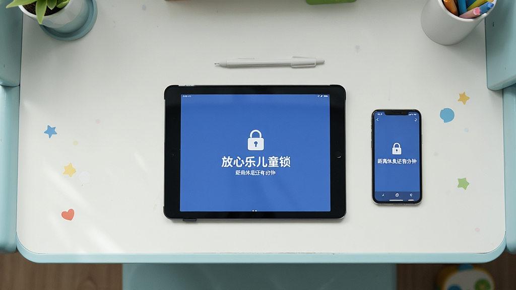 一个儿童书桌的俯视图,桌面摆放着平板电脑与手机,屏幕上都显示“放心乐儿童锁”的锁定倒计时界面,界面显示“距离休息还有5分钟”。主体为电子设备,布局为对称俯拍,排版干净,风格为写实摄影,细节包括柔和的自然光线、清晰的屏幕内容,画质细腻,无多余元素。