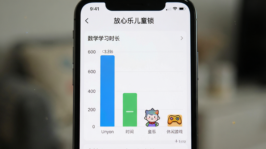 一个智能手机屏幕的近距离特写,屏幕展示“放心乐儿童锁”的应用统计页面,以柱状图形式显示各个应用的每日使用时长,其中“数学学习”时长最长,“休闲游戏”时长较短。主体为手机屏幕,布局为居中特写,排版清晰,风格为简洁UI界面展示,细节包括彩色的数据图表与时间轴,画质高清,背景虚化,无多余元素。