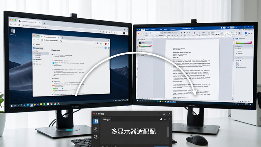 一张StrokesPlus在双显示器环境下的工作示意图,左侧显示器显示浏览器窗口,右侧显示器显示文档编辑器,鼠标从一个屏幕划向另一个屏幕,轨迹呈现为一条连贯的白色曲线,软件设置面板在下方显示‘多显示器适配’字样,整体画面明亮,细节丰富,画质高。