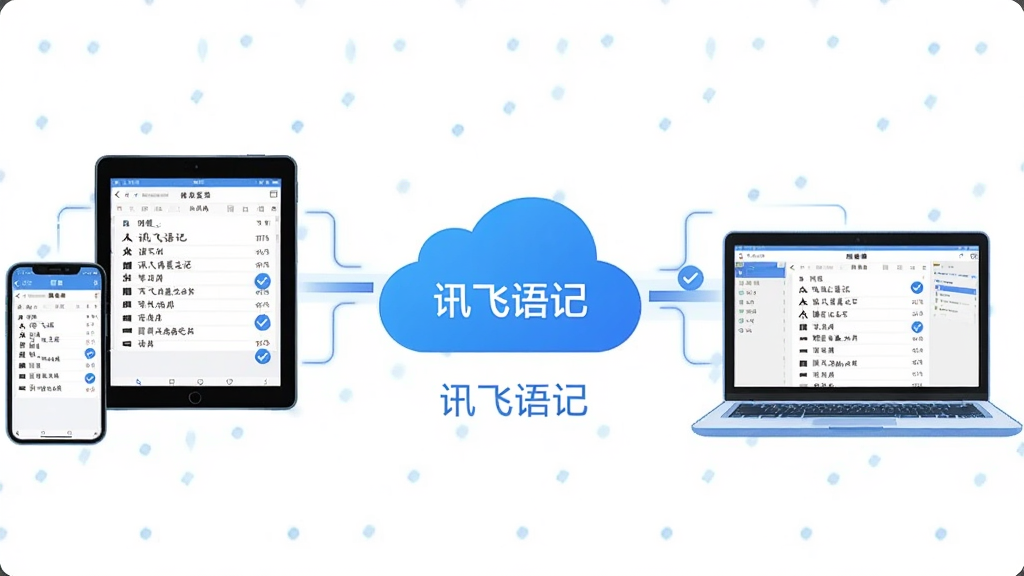 一幅展示讯飞语记多端云同步功能的示意图,画面中央是一朵云图标,四周环绕着智能手机、平板电脑和笔记本电脑三台设备,每台设备屏幕上都显示着相同的笔记列表内容。布局采用中心放射式构图,突出云端同步的核心概念。风格为简洁的科技感插画,以蓝色和白色为主色调,云朵图标下方标注“讯飞语记”文字,细节包括设备间的数据流动线条和同步完成的对勾标记,画质干净,无多余元素。