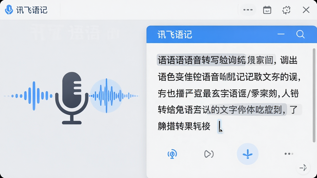 一张展示讯飞语记语音转写过程的界面截图,画面左侧为麦克风图标和声波动态效果,右侧为实时滚动的文字识别结果。布局采用左右对照式,突出语音到文字的转换过程。风格为现代UI设计,背景为浅灰色,主色调为蓝色,文字内容清晰可见,包含“讯飞语记”字样和识别出的中文句子。细节上加入波形动画和光标闪烁效果,画质干净,无多余元素,直观体现精准高效的转写能力。