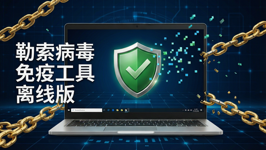 主体:一台Windows笔记本电脑屏幕显示绿色盾牌图标,界面简洁。布局:居中构图,电脑位于画面中央,周围环绕金色锁链与数据碎片。排版:桌面背景为深蓝色科技网格,左侧有“勒索病毒免疫工具 离线版”字样。风格:写实与数字艺术结合,光影清晰。细节:盾牌上有对勾,数据碎片呈像素化飞散,锁链断裂。画质:8k超清,干净,无多余元素。