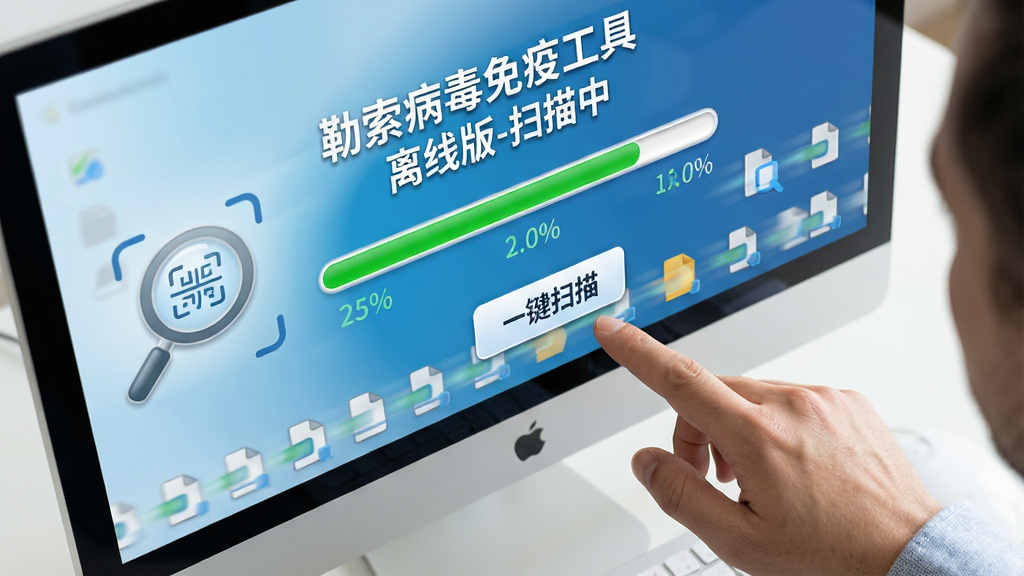 主体:一位用户正在点击“一键扫描”按钮,电脑屏幕上显示扫描进度条。布局:画面采用俯视角度,电脑与用户手部在画面右侧,左侧有放大镜图标。排版:屏幕上方有“勒索病毒免疫工具 离线版-扫描中”文字,下方有绿色进度条。风格:实拍与CG结合,色调明亮。细节:用户手指清晰,进度条有百分比数字,扫描文件图标快速滚动。画质:高清,干净,无多余元素。