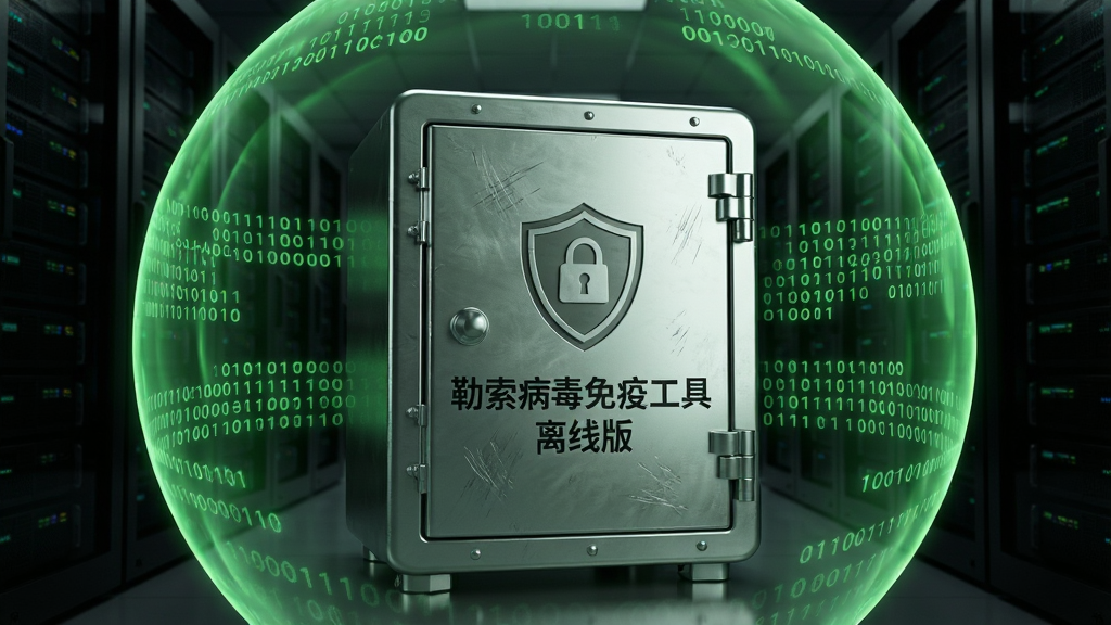 主体:一个金属质感的保险箱被绿色光盾包围,保险箱上刻有盾牌图标和“勒索病毒免疫工具 离线版”字样。布局:保险箱居中,背景为暗色机房服务器阵列。排版:光盾呈半透明圆形,边缘有数据流环绕。风格:3d渲染风格,光影反射强烈。细节:保险箱表面有细微划痕,光盾上流动着二进制数字。画质:高清,干净,无多余元素。