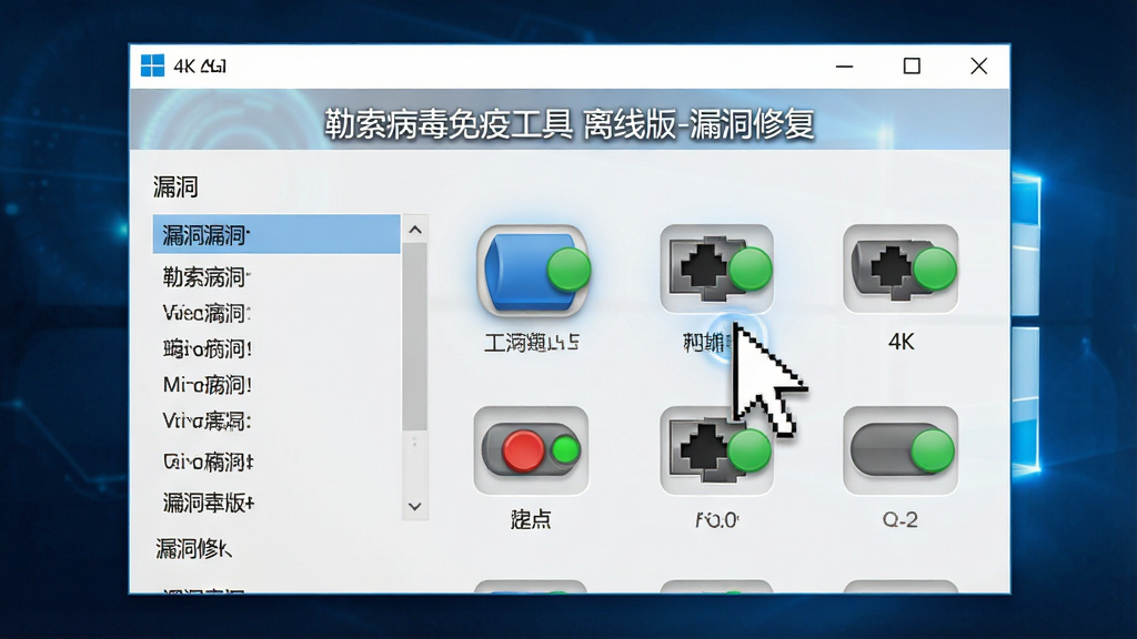 主体:一个Windows系统设置窗口,窗口中有多个端口开关图标,其中一个开关被鼠标点击。布局:窗口居中,背景为渐变蓝色科技光效。排版:窗口上方显示“勒索病毒免疫工具 离线版-漏洞修复”文字,左侧有漏洞列表。风格:扁平化与拟物结合,界面明亮。细节:开关图标立体,鼠标指针悬停,端口图标有红色与绿色状态。画质:4k超清,干净,无多余元素。