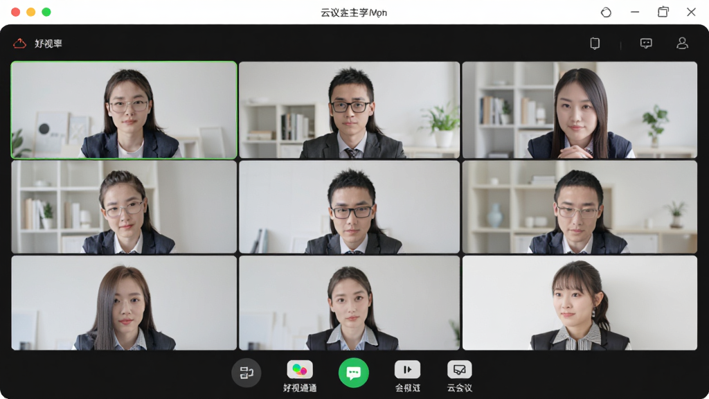 好视通云会议主界面截图,展示视频会议窗口,布局清晰,功能图标整齐排列,风格现代简约,干净无多余元素