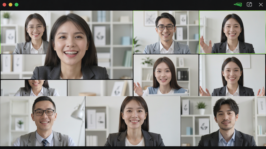 好视通云会议视频通话界面,多路视频画面清晰流畅,人物表情自然,画质细腻,网络状态图标显示良好,干净无多余元素
