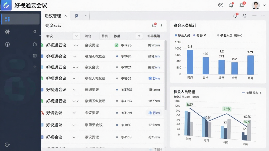 好视通云会议后台管理界面,显示会议列表、参会人员统计图表,数据清晰,界面布局规整,配色商务专业,干净无多余元素