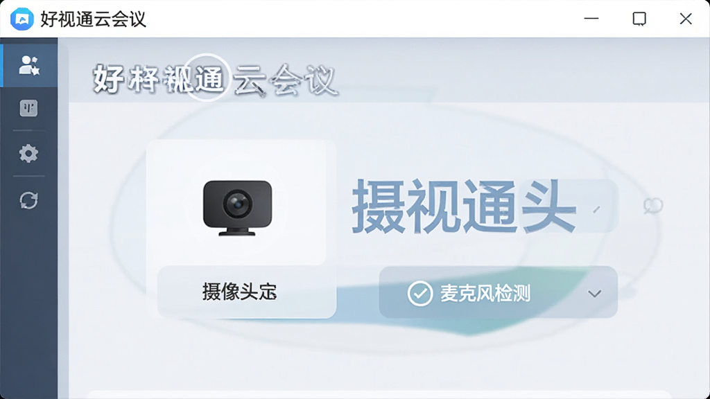 好视通云会议设置界面,展示摄像头与麦克风检测选项,界面清晰,功能标注明确,风格简洁,干净无多余元素