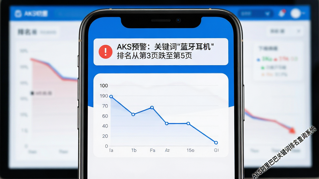 主体:手机屏幕推送AKS关键词排名预警通知的界面特写。布局:手机位于画面中央,背景为虚化的电脑屏幕显示排名下降曲线。排版:通知横幅置顶显示“AKS预警:关键词‘蓝牙耳机’排名从第3页跌至第5页”,下方配以折线图。风格:简洁商务风,蓝白主色调。细节:手机边缘有细腻的高光,通知图标为红色感叹号。文字:“AKS阿里巴巴关键词排名查询系统”以水印形式斜向排列在背景底部。画质:超清,干净,无多余元素。