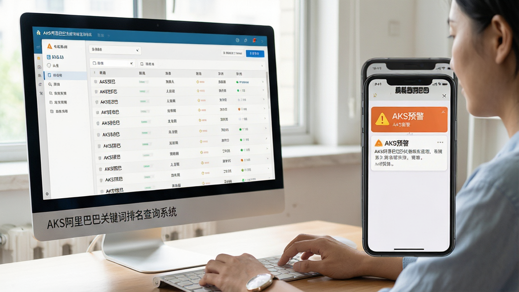主体:一位用户正在同时操作电脑与手机查看AKS关键词排名数据。布局:电脑屏幕显示排名列表,手机屏幕显示通知详情。排版:左右对称构图,电脑在左,手机在右。风格:生活化场景,自然光。细节:手机屏幕上有“AKS预警”推送横幅。文字:“AKS阿里巴巴关键词排名查询系统”以较小的浅灰色字体印在电脑显示器边框上。画质:高清,干净,无多余元素。