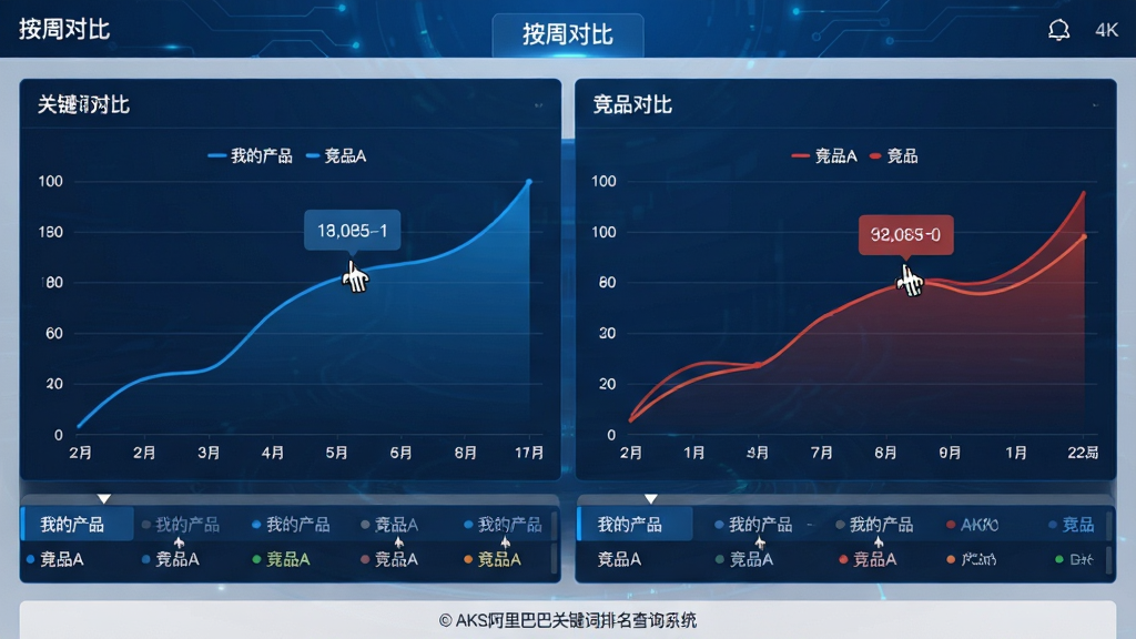 主体:AKS软件中“竞品对比”功能页面截图,左侧为自家产品排名曲线(蓝色),右侧为竞品(红色)。布局:两张折线图并排,下方同步滚动展示关键词列表。排版:界面采用左右分栏结构,顶部有筛选条件标签“按周对比”。风格:数据可视化风格,科技蓝背景,线条流畅。细节:图表中标注了“我的产品”、“竞品A”图例,鼠标悬停显示具体排名数值。文字:“AKS阿里巴巴关键词排名查询系统”以灰色小字标注在页面底栏版权处。画质:4K高清,干净,无多余元素。