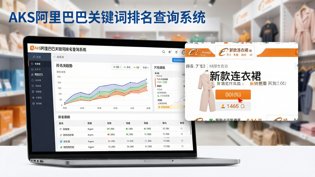 主体:一台笔记本电脑屏幕显示AKS阿里巴巴关键词排名查询系统的主界面,界面上有彩色排名趋势折线图与数据表格。布局:电脑位于画面中央偏左,右侧悬浮显示放大的关键词“新款连衣裙”在阿里巴巴搜索结果页的排名位置截图。排版:前景为软件界面细节,背景为模糊的阿里巴巴电商场景(货架与商品)。风格:现代科技感,扁平化设计。细节:屏幕内图表线条清晰,数值标签精准。文字:“AKS阿里巴巴关键词排名查询系统”以蓝色宋体标注在屏幕左上角。画质:8K超清,干净,无多余元素。
