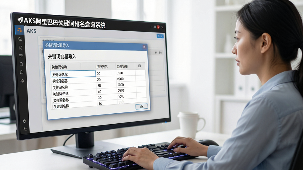 主体:一位电商运营人员正在电脑前操作AKS软件,屏幕中显示关键词列表批量导入窗口。布局:人物侧面坐姿位于画面右侧三分之一处,电脑屏幕占据左侧三分之二。排版:屏幕内容放大展示,显示“关键词批量导入”对话框,表格中罗列“关键词名称”、“目标排名”、“监控频率”等栏目。风格:写实办公场景结合半透明UI界面,明亮通透。细节:键盘上有微弱的背光,屏幕反光柔和。文字:“AKS阿里巴巴关键词排名查询系统”以白色黑体字显示在软件顶部导航栏。画质:高分辨率,干净,无多余元素。