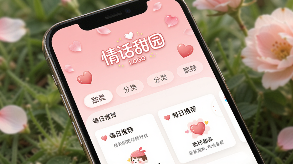 一个温馨浪漫的手机应用界面,屏幕中显示“情话甜园”的LOGO,背景是柔和的粉红色渐变,点缀着爱心与花瓣,界面布局简洁清爽,包含分类标签和每日推荐卡片,整体风格甜美可爱,画质高清干净,无多余元素。