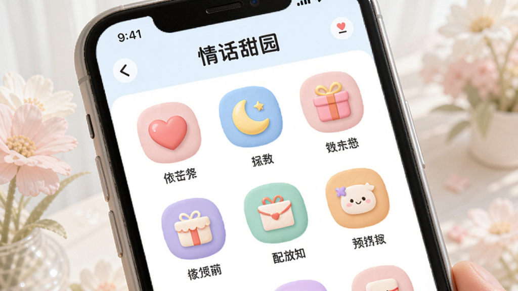 手机屏幕展示“情话甜园”的场景选择界面,分类图标以彩色圆润图形排列,如爱心、月亮、礼物等,界面布局整齐,背景柔和,文字标签清晰可见,整体风格清新明亮,画质细腻干净,无多余元素。