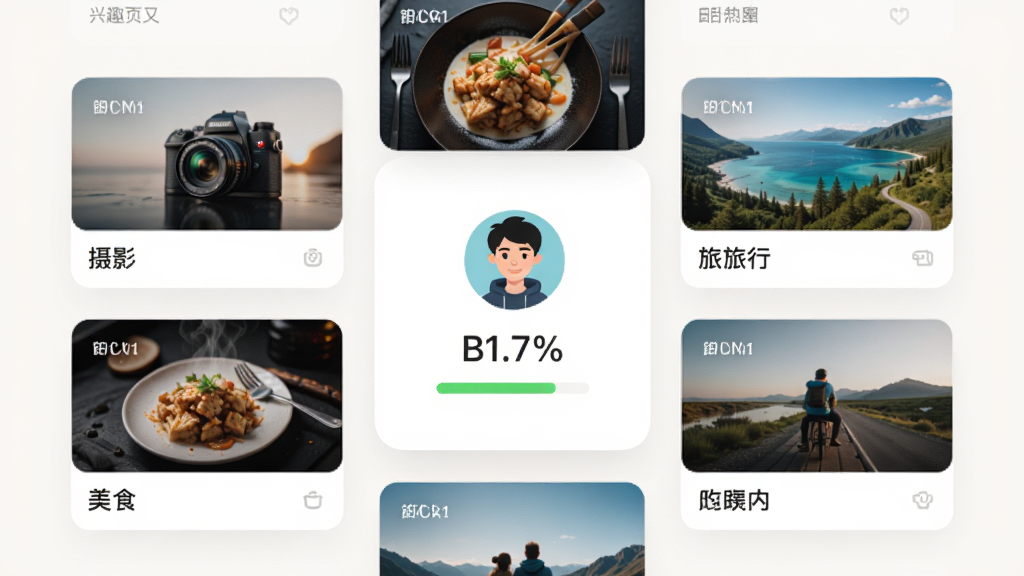 漂漂应用发现页面概念图,展示多个兴趣圈子卡片排列,如摄影、美食、旅行等,卡片封面精美,中央有一个人物头像与匹配度百分比,整体布局现代,浅色背景,画质细腻,干净无多余元素
