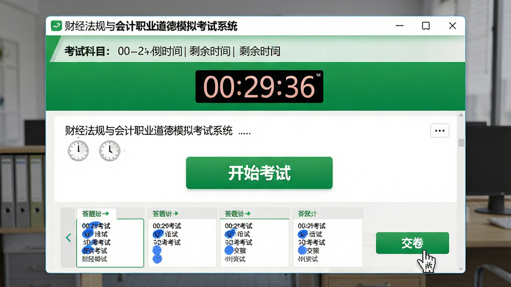 主体:财经法规与会计职业道德模拟考试系统的智能模拟考试场景,显示计时器、答题卡和交卷按钮。布局:以软件界面为主视觉,模拟真实考试环境的倒计时状态。排版:界面顶部为考试科目与剩余时间,中部为题目,底部为答题卡导航。风格:界面风格清爽,绿色与白色搭配,突出“开始考试”的醒目按钮。细节:计时器显示“00:29:36”,答题卡上有部分题目已填涂为蓝色,鼠标指针悬停在“交卷”按钮上。画质:高清渲染,UI元素边缘清晰,无多余元素。