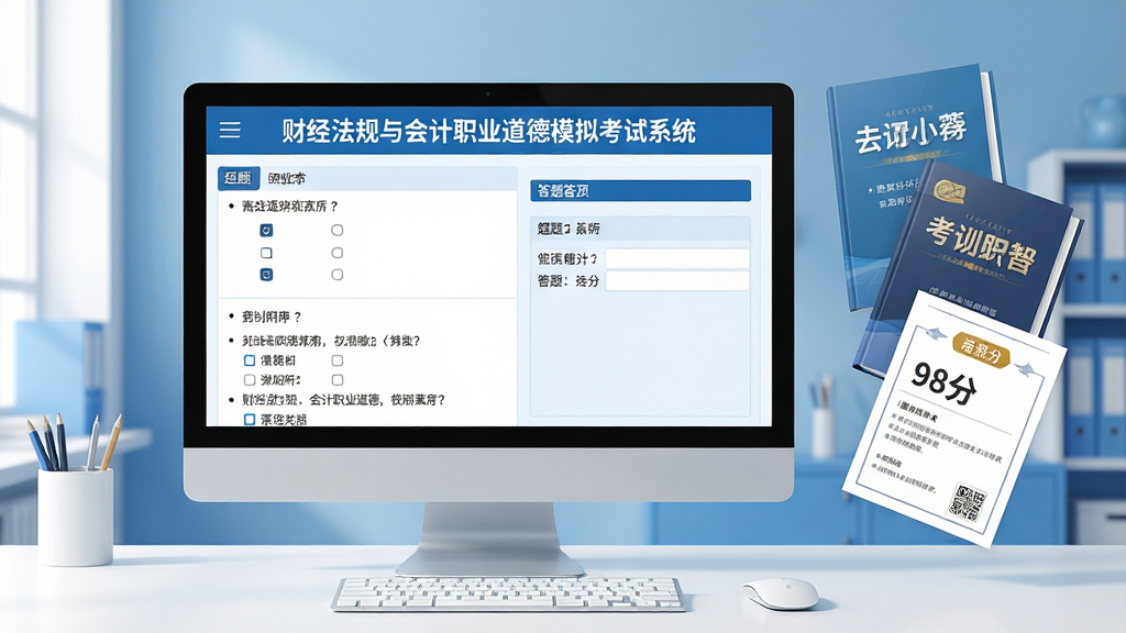 主体:电脑屏幕中展示财经法规与会计职业道德模拟考试系统的答题界面,界面上方有“财经法规与会计职业道德模拟考试系统”标题字样。布局:居中构图,电脑位于画面中央偏左,右侧悬浮着几本会计教材和一份成绩单。排版:界面内容清晰可辨,左侧为题目列表,右侧为答题区域。风格:现代扁平化设计风格,色彩以蓝色和白色为主,营造专业、严谨的学习氛围。细节:电脑屏幕内显示选择题和判断题,成绩单上显示“98分”,桌面整洁,光线明亮。画质:8K超高清,细节丰富,画面干净,无多余元素。
