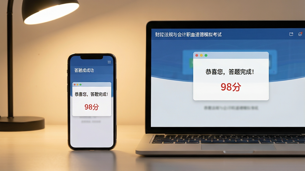 主体:一部智能手机和一台笔记本电脑并排摆放,屏幕上都显示着财经法规与会计职业道德模拟考试系统的答题成功界面。布局:左右对称构图,手机在左,电脑在右,背景为简洁的书桌环境。风格:写实风格,暖色调灯光,营造出专注备考的氛围。细节:手机和电脑屏幕上均显示“恭喜您,答题完成!”的弹窗,并配有红色的“98分”成绩。画质:高清,光线柔和,画面干净,无多余元素。