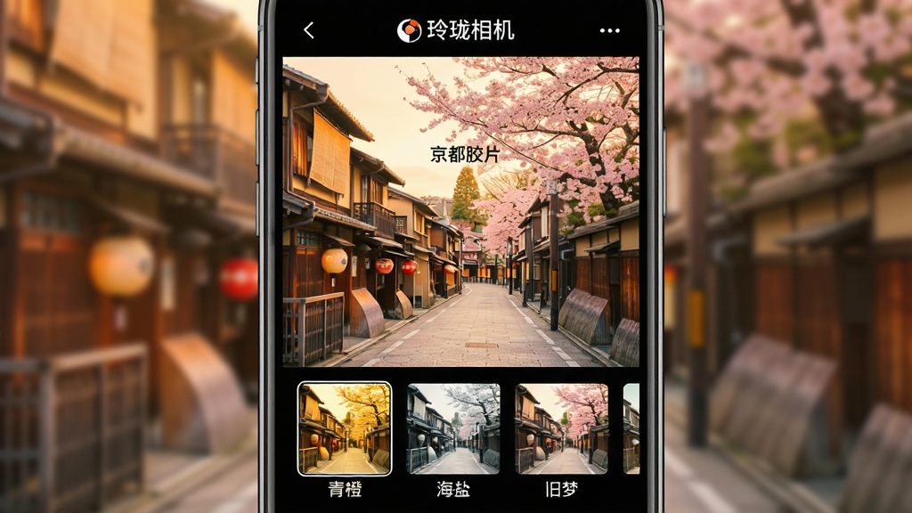 主体:玲珑相机滤镜选择界面。布局:手机屏幕占据画面中央,屏幕中展示一张风景照片,下方横向排列多款滤镜缩略图。排版:屏幕顶部有“玲珑相机”标志,中间大图显示“京都胶片”滤镜效果,底部缩略图名称如“青橙”“海盐”“旧梦”。风格:暖色调,复古质感。细节:照片中的街道与樱花色彩浓郁,光线柔和。画质:高清,干净,无多余元素。