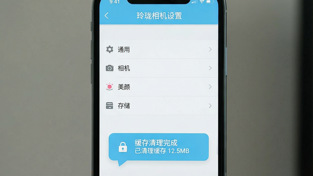 主体:手机屏幕上显示玲珑相机设置页面并弹出“缓存清理完成”提示。布局:手机居中,屏幕内展示设置列表,包括“通用”“相机”“美颜”“存储”等选项,底部有提示气泡。排版:界面简洁,文字清晰,顶部写有“玲珑相机设置”。风格:浅蓝与白色搭配,扁平化设计。细节:提示气泡中写有“已清理缓存 12.5MB”。画质:高清,干净,无多余元素。