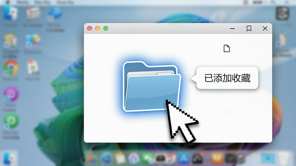 展示袖子文件收藏夹拖拽添加文件的动态场景,画面中鼠标正将文件夹拖入软件悬浮窗,文件夹图标带有高亮边缘,背景为模糊的电脑桌面,软件界面显示“已添加收藏”的提示气泡,整体风格明亮清晰,突出便捷性,画质干净