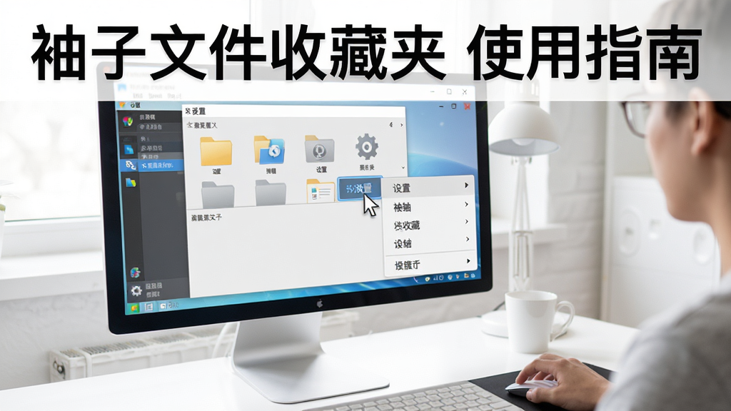 展示用户正在电脑上操作袖子文件收藏夹的场景,画面中央为软件主界面,鼠标指针悬停在“设置”按钮上,旁边弹出设置菜单,背景为干净的电脑桌面,整体色调明亮,风格写实清晰,突出实用场景,文字标注“袖子文件收藏夹 使用指南”,画质干净