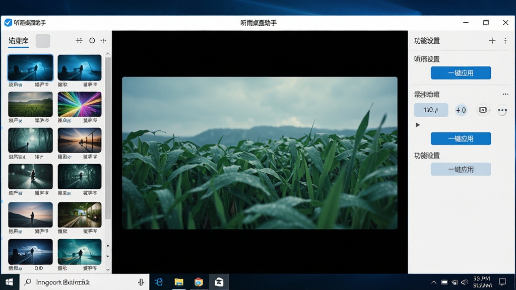 一张展示听雨桌面助手主界面的高清截图,主体为软件运行在Windows桌面上的整体效果,布局包括左侧的壁纸库列表、中间的动态壁纸实时预览窗口、右侧的功能设置面板,排版整齐清晰,风格现代简洁,细节包含多种分类壁纸缩略图与“一键应用”按钮,画质细腻明亮,干净无多余元素,屏幕中显示“听雨桌面助手”软件名称。