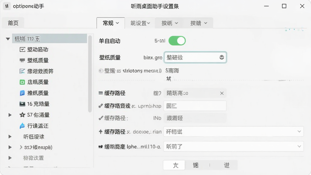 展示听雨桌面助手设置界面的截图,主体为设置面板中的“常规”选项卡,布局包含左侧菜单树与右侧详细选项,排版规整清晰,风格简洁清爽,细节可见自启动开关、壁纸质量选择、缓存路径设置等,画质干净明亮,无多余元素。