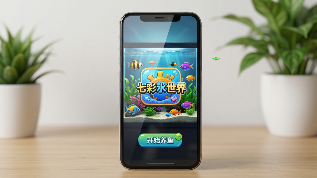 主体:一部智能手机竖屏显示七彩水世界游戏画面,屏幕中一个布置精美的水族箱,水中鱼儿清晰可见。布局:手机位于画面中央,背景是简洁的桌面和绿植。排版:手机屏幕中有“七彩水世界”的启动界面图标,下方有“开始养鱼”按钮。风格:写实摄影风格,光线柔和。细节:手机屏幕反光自然,水族箱内的水草和鱼色彩鲜艳。画质:高清,干净整洁。