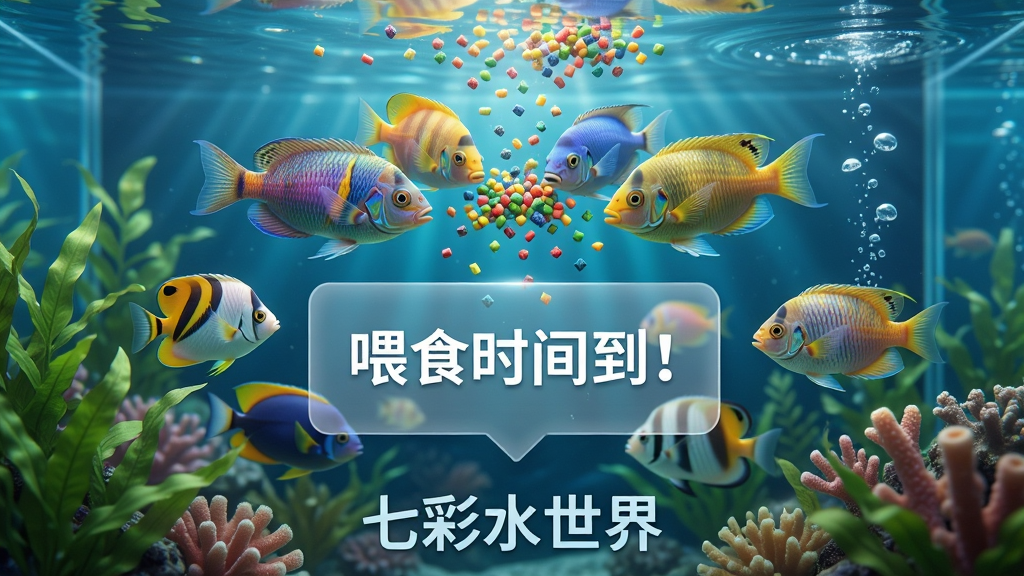 主体:一个巨大的水族箱内部视角,一群色彩斑斓的热带鱼正在争抢漂浮在水面的彩色鱼食。布局:鱼群集中在画面中央偏上位置,水草和珊瑚作为前景和背景。排版:画面中央有半透明的对话框,写着“喂食时间到!”,底部有“七彩水世界”字样。风格:真实3D渲染,光影通透,色彩绚丽。细节:鱼食颗粒清晰可见,鱼鳞反光,气泡上升。画质:4K超清,画面纯净。