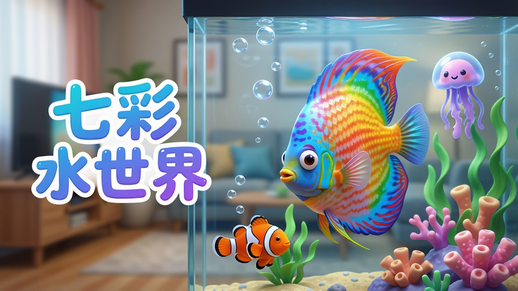 主体:一个充满活力的水族箱场景,中央有一条色彩鲜艳的七彩神仙鱼,周围环绕着小丑鱼、水母和珊瑚。布局:鱼缸作为前景,占画面主体三分之二,背景是模糊的客厅环境,营造家居氛围。排版:画面左侧留白,放置艺术字“七彩水世界”,字体圆润可爱,色彩为渐变蓝紫色。风格:3D卡通渲染,色彩明亮饱和,光影柔和。细节:水中漂浮着细小的气泡,水草随水流摆动,鱼鳞反光清晰可见。画质:8K超高清,画面干净,无多余元素。