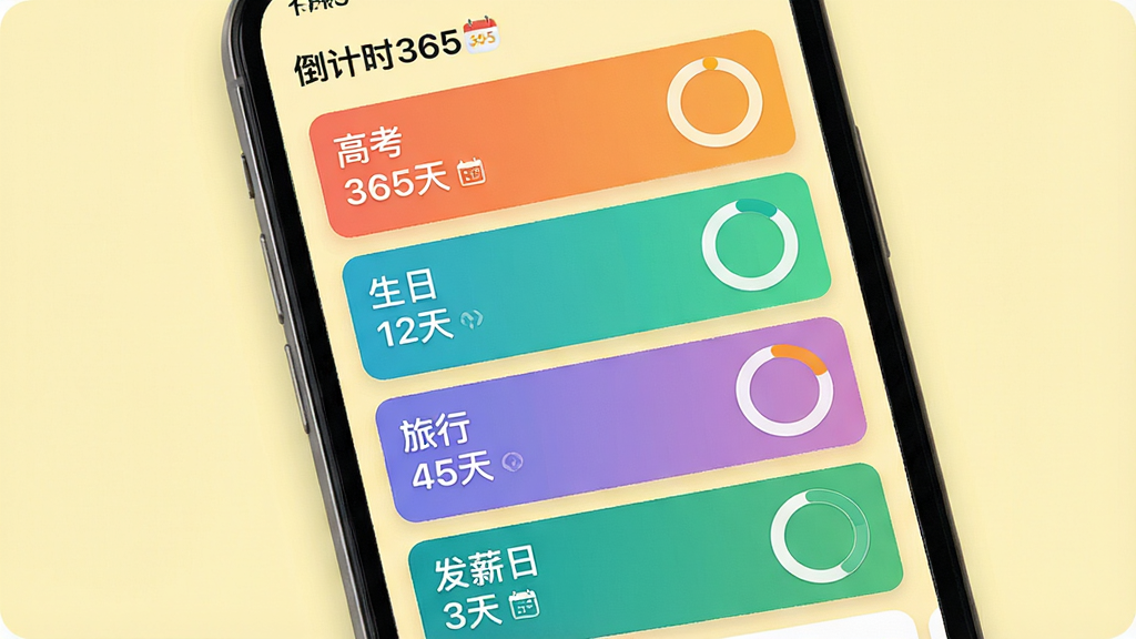 画面主体为手机应用“倒计时365”的卡片列表界面,屏幕上纵向排列着四张不同颜色的倒计时卡片,分别标注“高考 365天”“生日 12天”“旅行 45天”“发薪日 3天”,每张卡片右侧有圆形的进度环,背景为柔和的浅黄色,整体采用卡片式布局,风格清新,细节丰富,画质干净,无多余元素。
