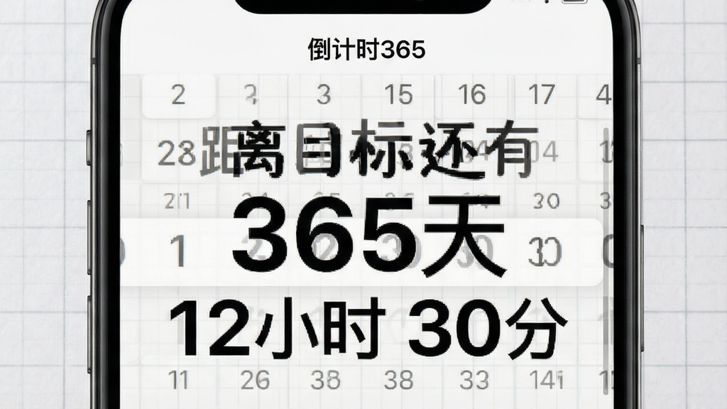 画面主体为手机应用“倒计时365”的日期设置页面,屏幕上显示日期选择器和“距离目标还有 365天 12小时 30分”的醒目大字,背景为淡灰色网格纸纹理,顶部有“倒计时365”应用名称,整体布局居中对称,采用现代简约UI设计风格,细节锐利,画质干净,无多余元素。